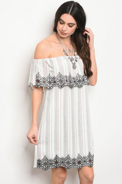 Off Shoulder Stripe Dress w/ Embroidery Detail