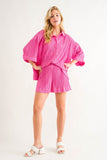 Pink Pleated Button-Up Shirts and Shorts Set