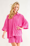 Pink Pleated Button-Up Shirts and Shorts Set