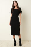 Black Ruched Sleeve Midi Dress