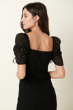 Black Ruched Sleeve Midi Dress