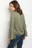 Olive Embroidered Top w/ Bell Sleeves