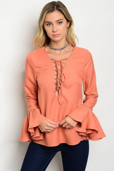 Lace up Neck Bell Sleeve Top