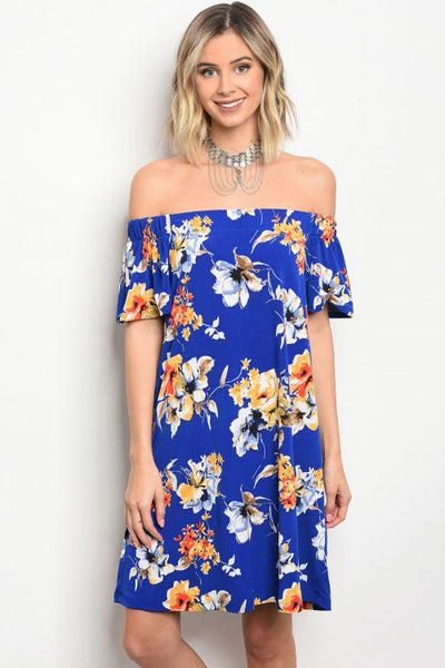 Vibrant Floral Print Off Shoulder Dress